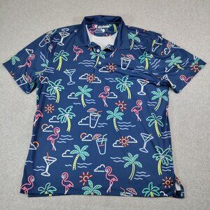 Chubbies Polo Shirt Mens Medium Blue Cocktails & Palm Trees Beach Resortwear